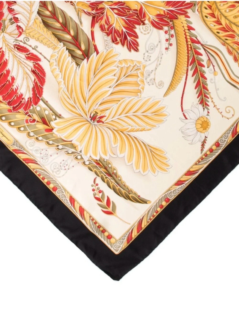 Ferragamo Silk Floral Print Scarf - Black Border with Red & Yellow Blooms